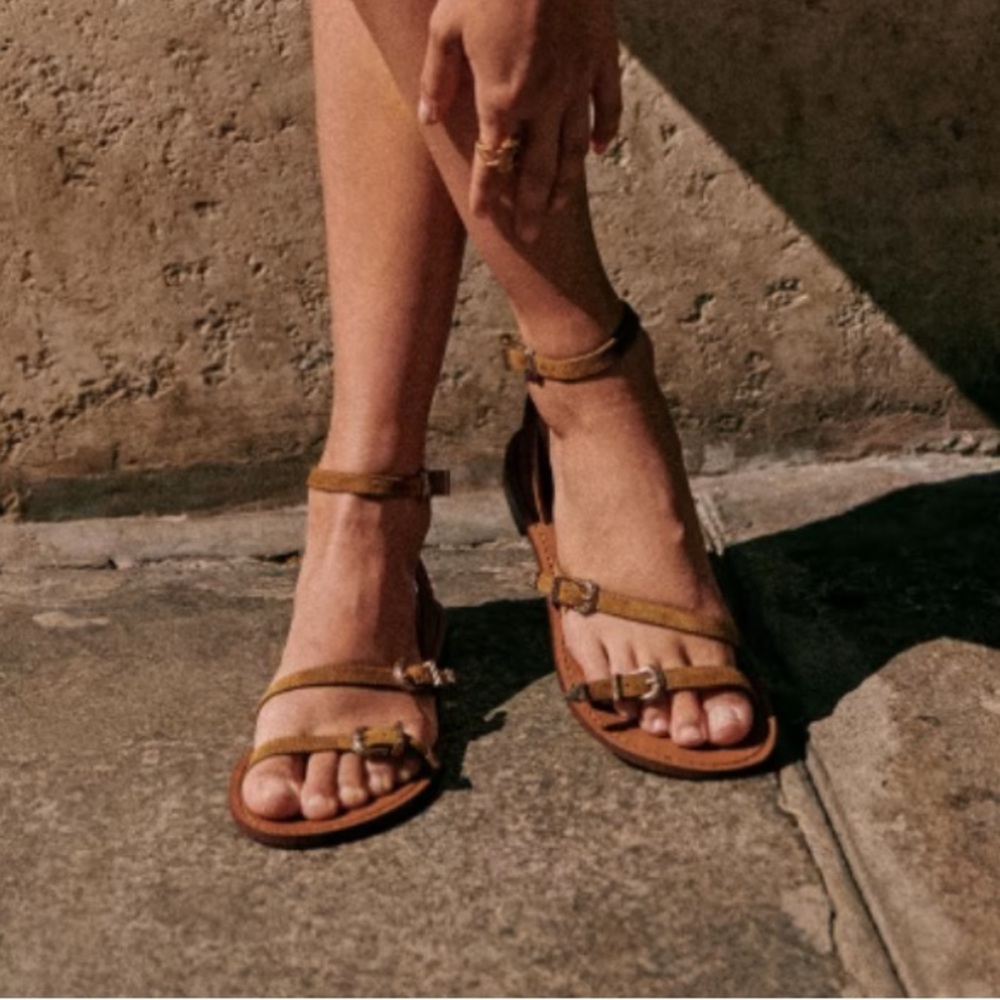 Sezane Roxanne Low Tan Buckled Sandals